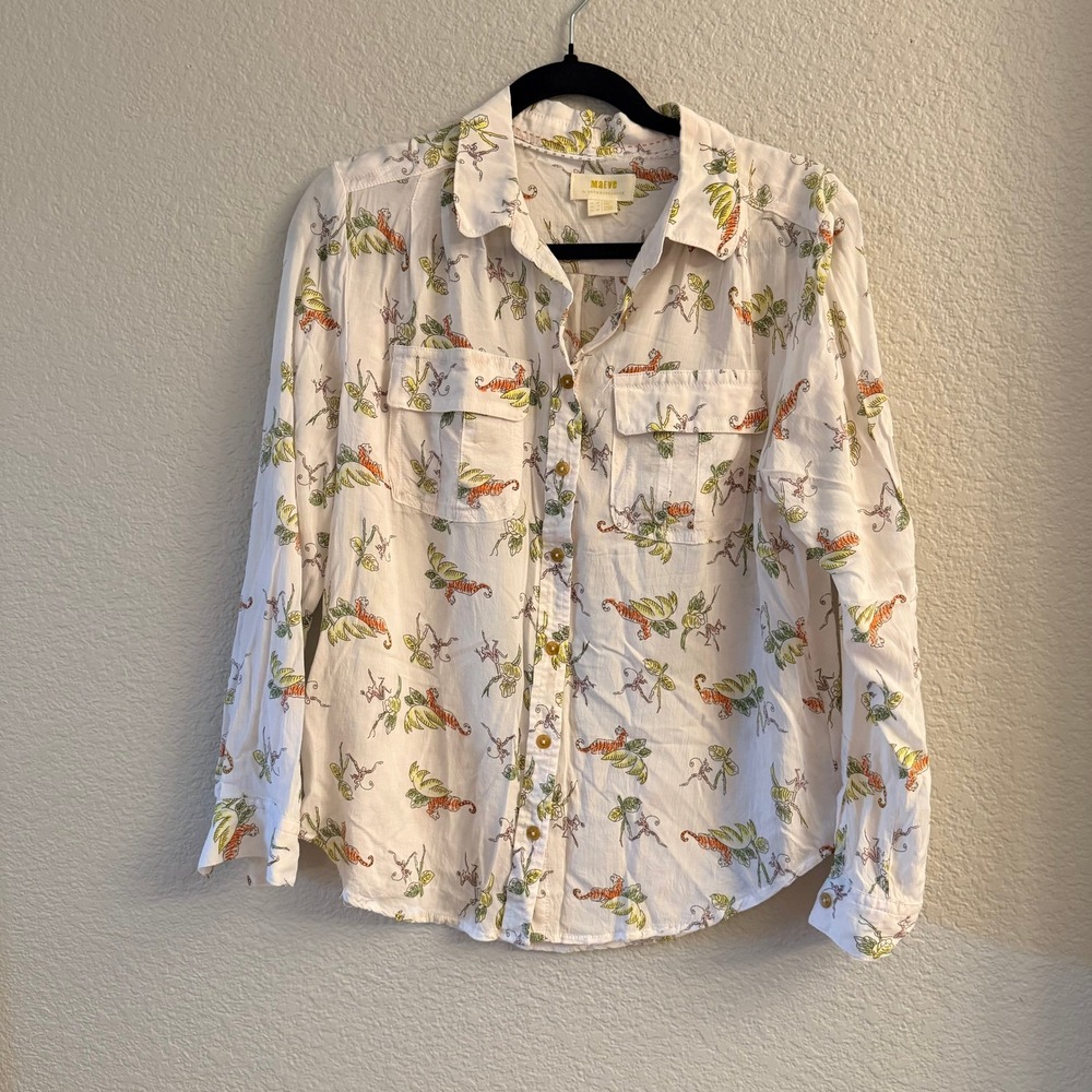 Maeve Button Down Shirt Womens 8 White Tiger Monkey Jungle Print Rayon Blouse